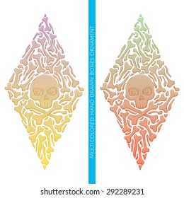 Colored abstract pattern of bones and skull on a white background. Painted by hand and can be used to print Tshirts or any other surface as well as a tattoo.
