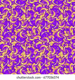 Colored abstract pattern with a curls and petals in lilac and warm orange gamma. Endless vector ornament.