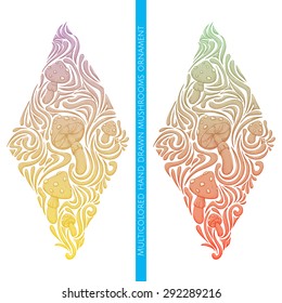 Colored abstract pattern of hallucinogenic mushrooms on a white background. Painted by hand and can be used to print Tshirts or any other surface as well as a tattoo.