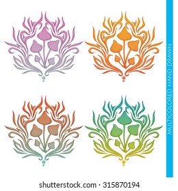 Colored abstract pattern of hallucinogenic mushrooms on a white background. Painted by hand and can be used to print T-shirts or any other surface as well as a tattoo.