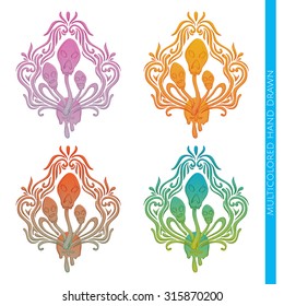 Colored abstract pattern of hallucinogenic mushrooms on a white background. Painted by hand and can be used to print T-shirts or any other surface as well as a tattoo.