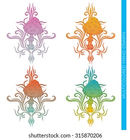 Colored abstract pattern of hallucinogenic mushrooms on a white background. Painted by hand and can be used to print T-shirts or any other surface as well as a tattoo.