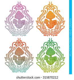 Colored abstract pattern of hallucinogenic mushrooms on a white background. Painted by hand and can be used to print T-shirts or any other surface as well as a tattoo.