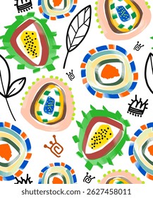 Colored abstract seamless background with lines or spots, leaves on white. Design of fabric, wallpaper or accessories. Vector.