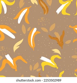 Colored abstract shapes and fruits. Vector seamless pattern. Beige background