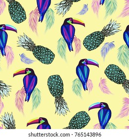 Colored abstract toucan, birds, palm leaves, pineapples, fruits, safari seamless pattern, vector illustration