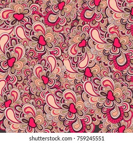 Colored abstract vector pattern with hears in pink and brown colors.