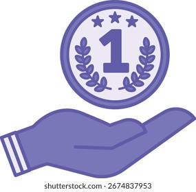 Farbiges Leistungssymbol. Vektorgrafik. Medaille in Menschenhand. Auszeichnung für den ersten Platz im Wettbewerb, Unternehmenserfolg. Belohnungskonzept