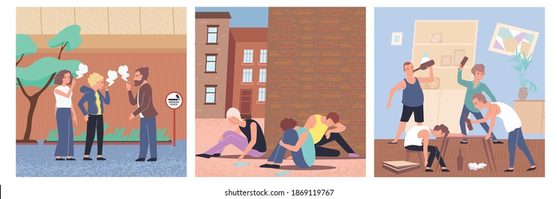 Colored addiction flat icon set with nicotine drugs and alcohol addiction types vector illustration