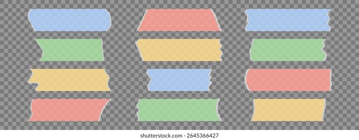 Coleção de fitas adesivas coloridas. Peças de fita de duto rasgado conjunto. tira. Listras de plástico com bordas irregulares rasgadas. Papel de mascaramento pegajoso para embrulho de pacote, etiqueta em branco, etiqueta, adesivo, decoração. Vetor