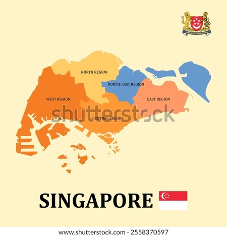 Colored Administrative Map and Coat of Arms of Singapore