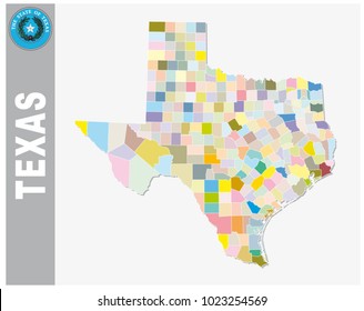 colored administrative and political vector map of us federal state texas with seal