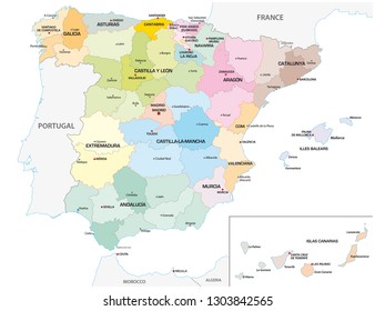 Colored administrative and political vector map of the Spanish provinces and regions