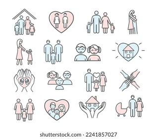 Colored adoption outline vector icons set. Illustrations related with humanitarian causes and non-profit organizations