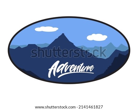 colored adventure moutain logo with a background of mountains, clouds, blue sky and adventure writing which is suitable for logo design for nature lovers or mountain climbers

