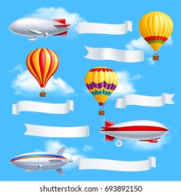 Colored advertising banners composition dirigible and air balloons with attached white fabric banners vector illustration