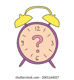 Reloj de alarma de color con un signo de interrogación en lugar de flechas. Ilustración vectorial para imprimir en una postal, textiles, carteles, portada.