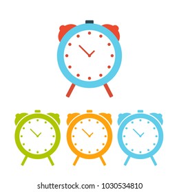 Colored alarm clocks, isolated on a white background. Four watches. Vector illustration.