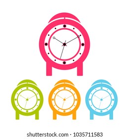 Colored alarm clocks, isolated on a white background. A set of different watches. Vector illustration.
