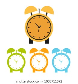 Colored alarm clocks, isolated on a white background. Four different watches. Vector illustration.
