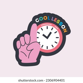 Colored alarm icon. School sticker with clock and hand. Time for study and lessons. College, education concept. Badge for social media and website. Cartoon flat vector illustration on white background