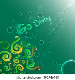Colored algae on a green background, bubbles, deep expanse of water. Go diving.