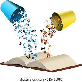 Colored alphabets poured from buckets to opened book 1