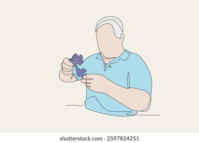 Colored alzheimer's sufferers assemble puzzles for therapy. Alzheimer concept one-line drawing
