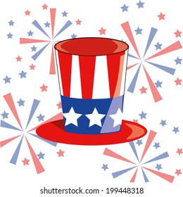 a colored american hat with some fireworks in the background