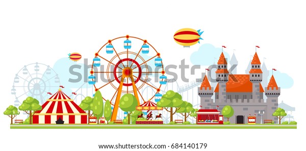 子ども用の観覧車と城のベクターイラストを使った 色付き遊園地の構図 のベクター画像素材 ロイヤリティフリー