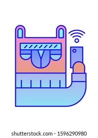 A colored animal bear with wide eyebrows in a sweater holds a smartphone. Wifi access sign. Icon for website, mobile application, business.