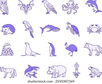 Colored Animal Icons. Vector Illustrations of Owl, Bat, Eagle, Octopus, Dolphin, Hedgehog, Parrot, Whale, Turtle, Crab, Snake, Penguin, Cassowary, Wolf, Shark and Others