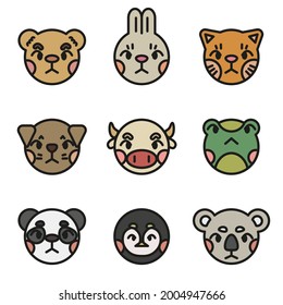 Colored animals. The animals are black and white. Bear, hare, cat, dog, bull, frog, panda, pin Symmetrical, geometric, simple images of animals. For logos, labels, packaging, books.