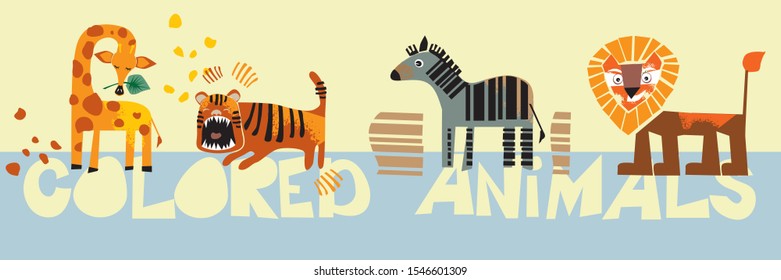 Colored animals. Set of animals in cartoon style. Birthday in cartoon style. Vector illustration in children's style is great for postcards, posters, backgrounds.