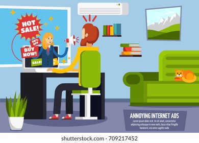 Colored annoying intrusive advertisement orthogonal composition with hot sale buy now sale ads in internet vector illustration
