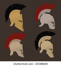 Colored antique  Roman or Greek helmets for head protection soldiers with a crest of feathers or horsehair with slits for the eyes and mouth, vector illustration