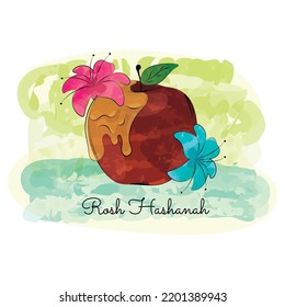 Colored apple with flowers and honey Rosh Hashanah Vector