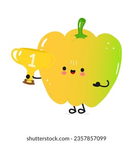 Colored Apple hold gold trophy cup. Vector hand drawn cartoon kawaii character illustration icon. Isolated on white background. Colored Apple with winner trophy cup