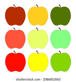 Colored apple icon set. Sweet fruits. Hand art style. Diet food. Healthy snack. Vector illustration. Stock image. 