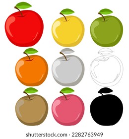 Colored apples set, red yellow green black apple with green leaf and twig silhouette vector icon
