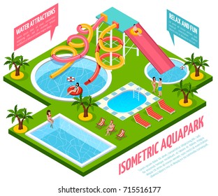 Colored aquapark isometric composition with water attractions relax and fun pointers vector illustration