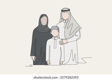 Colored arab family concept one-line drawing