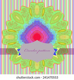 Colored arabesque and label, text  on a  light striped background. Hand drawn.