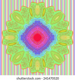 Colored arabesque  on a  light striped background. Hand drawn.
