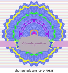 Colored arabesque on a  light striped  background and label, text. Hand drawn.