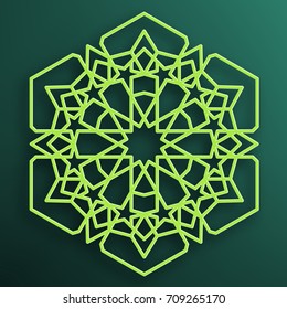Colored Arabic ornament on a dark background. Symmetrical  pattern. Eastern Islamic hexagonal frame. Element for decorating mosques, ceramic tiles, invitations, brochures. Vector illustration.