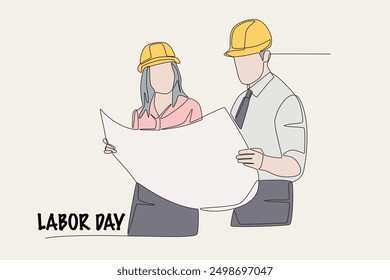 Colored the architect shows the engineering drawings to the project foreman. Labor day concept one-line drawing