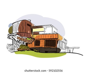 Colored architectural sketch vector. The building in Finland. Villa Mairea in Noormarkku. Finnish architecture. Can apply in tourist sphere, for the site of tourism, in flyer design, banner.