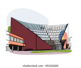 Colored architectural sketch vector. The building in Finland. University of Vaasa. Finnish architecture. Can apply in tourist sphere, for the site of tourism, in flyer design, banner.