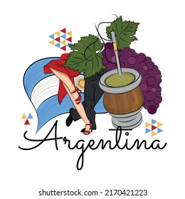 Colored argentina travel promotion with tango dancers and mate drink Vector